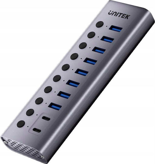 Unitek USB-Hub 10 Anschlüsse USB 3.0 mit Anschluss an einen Computer USB-C Silber