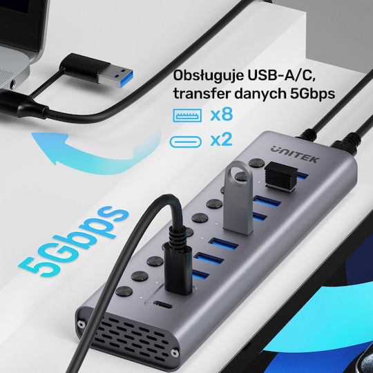 Unitek USB-Hub 10 Anschlüsse USB 3.0 mit Anschluss an einen Computer USB-C Silber