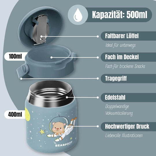 Bearfoot Edelstahl Kinderlebensmittelbehälter 0.5Liter Blau FJ-AstroBear-Blau-500ML