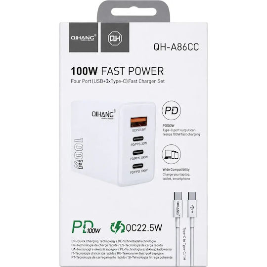 QIHANG GaN Charger with USB-A Port and 3 USB-C Ports and USB-C - USB-C Cable 100W Power Delivery White (QH-A86CC)