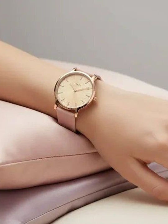 Timex Дамски часовник 34mm Кварцов с Розов Кожен Каишка