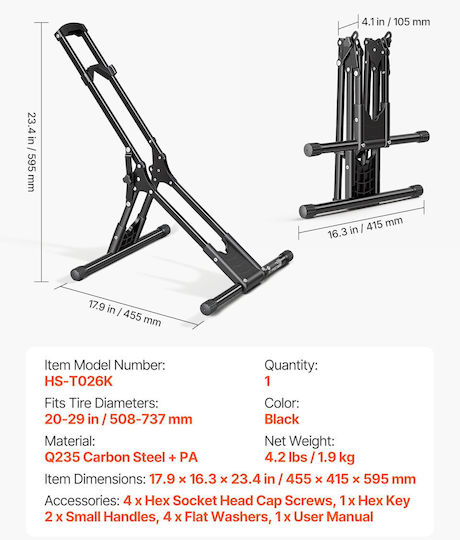 Vevor Faltbarer Freier Stand Fahrradhalter Boden Rollen 508-737 Mm Schwarze