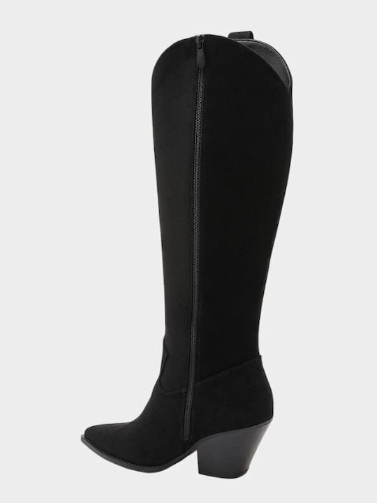 Wildleder Damenstiefel Cowboy mit Hohem Absatz Schwarz