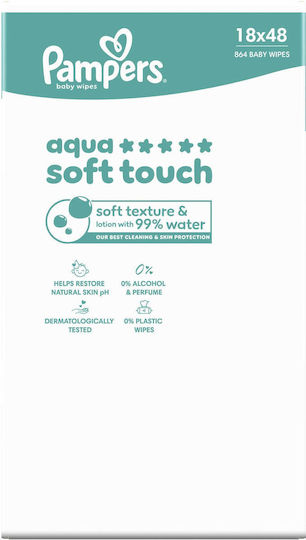 Pampers Aqua Soft Touch Hypoallergenic Baby Wipes with 99% Water, Fragrance Free, Alcohol-Free & Parabens Free 18x48pcs