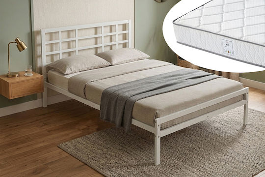Double Metal Bed White with Slats & Mattress 140x200cm