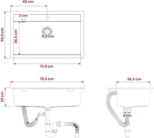 vidaXL Drop-In Küchenspüle aus Flüssigem Granit M79.5xP50.5cm Graue