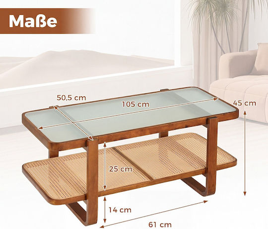 Rectangular Central Glass Coffee Table Walnut L105.41xW50.8xH45.72cm