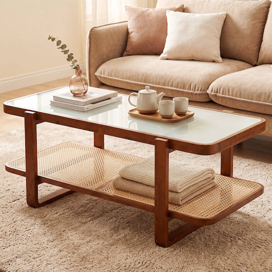 Rectangular Central Glass Coffee Table Walnut L105.41xW50.8xH45.72cm