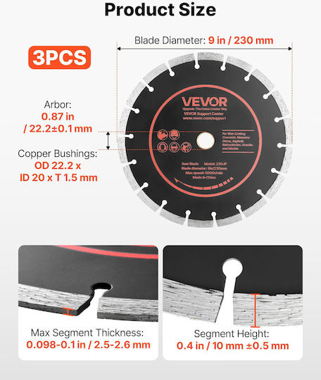 Vevor Δίσκος Κοπής Δομικών Υλικών 228.6mm 3τμχ