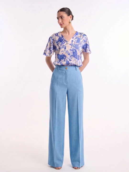 Pantaloni Largi Dama Din In Cu Elastic Talie Înaltă Bleu