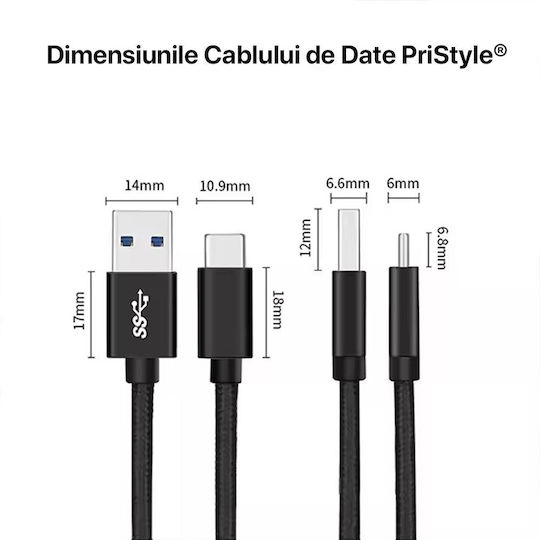 Cablu Braided USB-C tată - USB-A Negru 1m