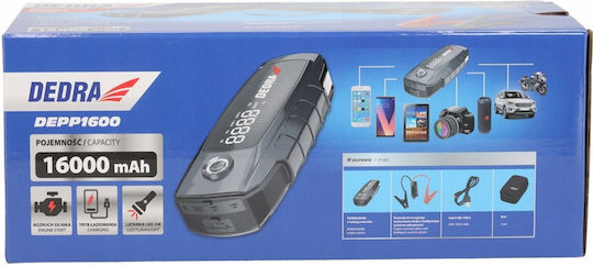 Dedra Tragbarer Batterie-Starter Auto & Motorrad 16000mAh mit Powerbank USB Taschenlampe 12V