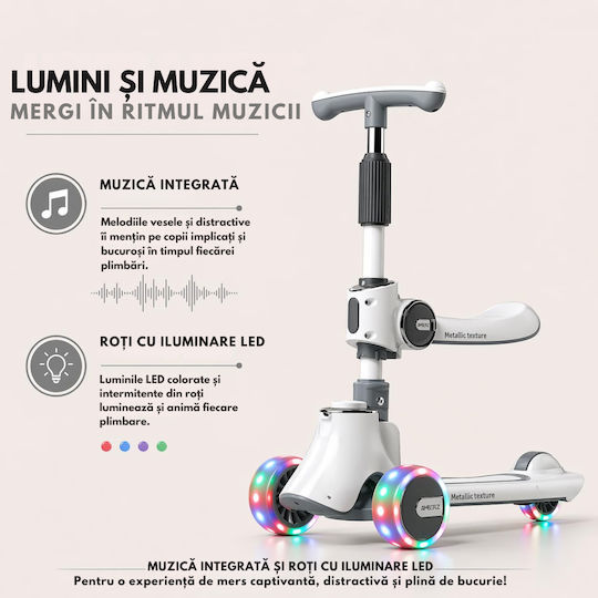 Qova Patin pentru copii pliabil cu 3 roți cu iluminare LED pentru 12 luni Alb