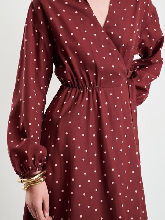 Rochie De Vară Midi Rochie-Cămașă Wrap-Around Burgundy