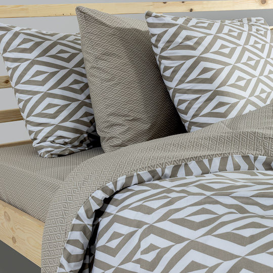 Lino Home Set Cearceafuri De Pat Super Duble Cu Hugger Din Cauciuc 170x200+35cm Ikat Bej (4 Buc)