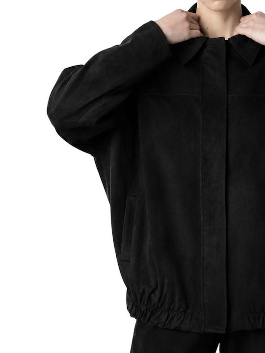 Damen Wildleder Bomber Jacke Schwarz