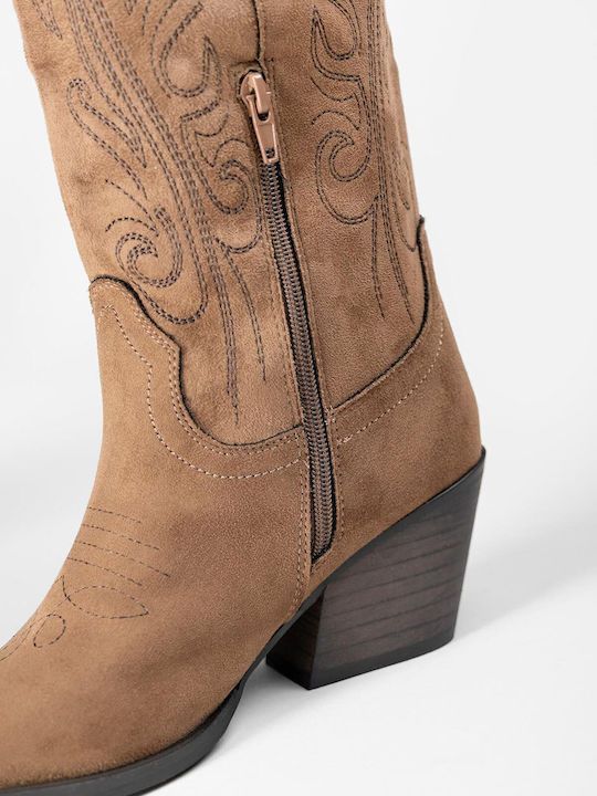 Suede Women's Cowboy Boots with Mid Heel Brown