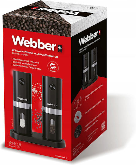 Webber Комплект Електрически Мелници за Подправки от Пластмаса в Черен Цвят 16cm 2бр
