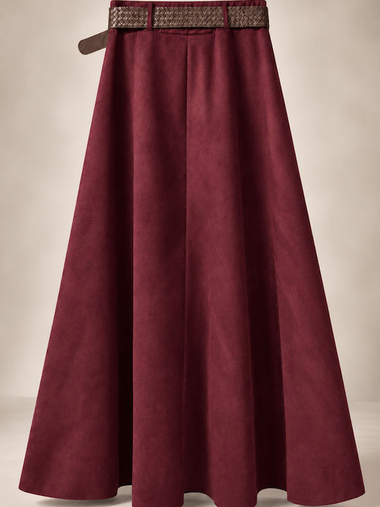 Leder Hohe Taille Maxi Rock Cloche Burgundisch
