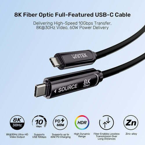 Unitek Cablu Video USB-C Masculin - USB-C 60W PD Negru 5m
