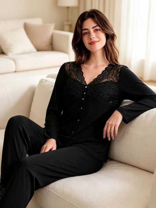 Goodnight Set De Pijamale De Iarnă Pentru Femei Negru
