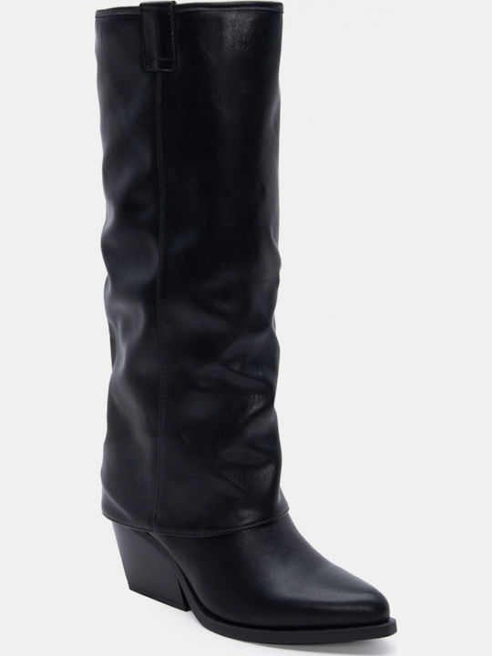Wildleder Damenstiefel Cowboy mit mittlerem Absatz Schwarz