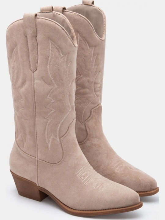 Suede Women's Cowboy Boots with Mid Heel Beige