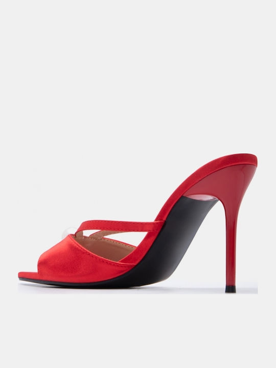 Satin Damen Pantoletten mit Hoch Absatz in Roter Farbe
