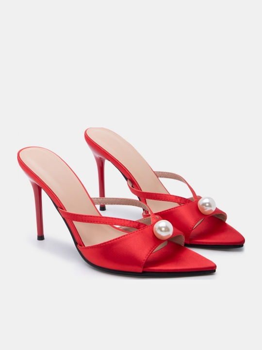 Satin Damen Pantoletten mit Hoch Absatz in Roter Farbe