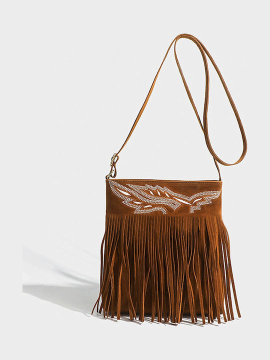 Geantă de Umăr / Crossbody din Piele Întoarsă cu Franjuri Maro