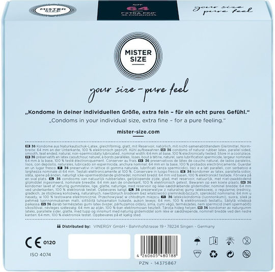 Prezervative Mister Size Condom 36 Buc 64mm Subțiri Pentru Senzație Naturală Natural Vegan