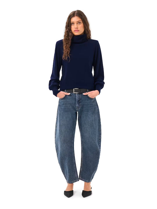 Bluza Damă Mânecă Lungă Pulover Lână Cu Guler Înalt Albastru