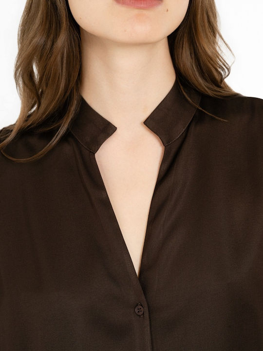 Women's Satin Long Sleeve Brown Blouse