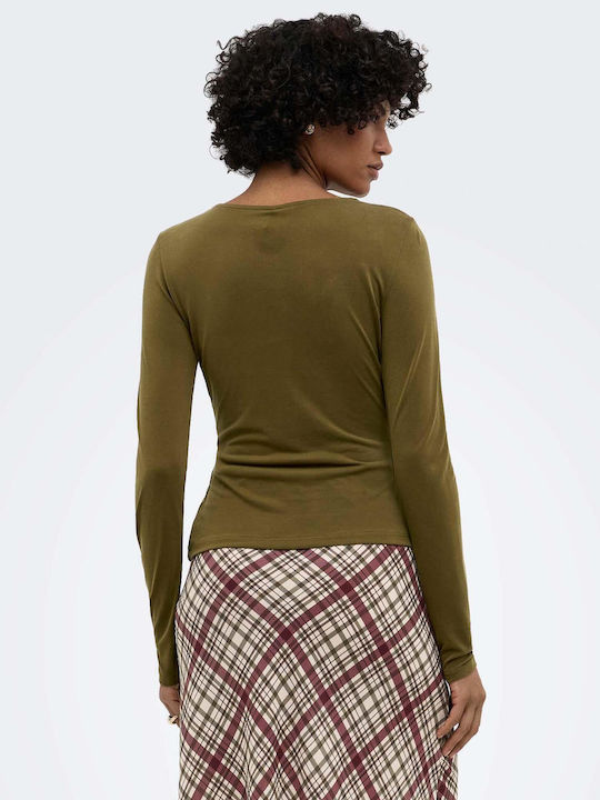 Damen Bluse Langärmelig Drapierung Khaki