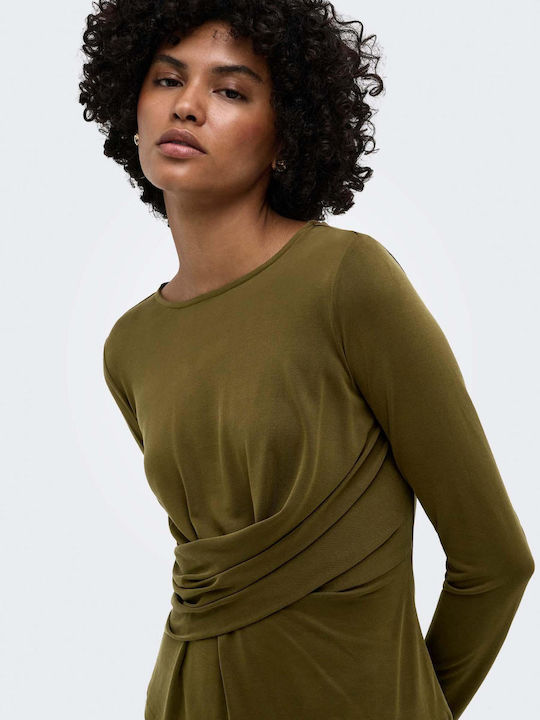 Damen Bluse Langärmelig Drapierung Khaki