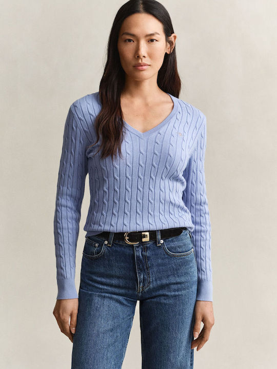 Cable Women's Cotton Sweater with V-Neck Light Blue
