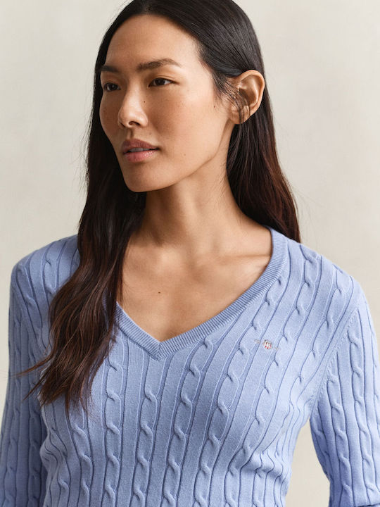 Cable Women's Cotton Sweater with V-Neck Light Blue