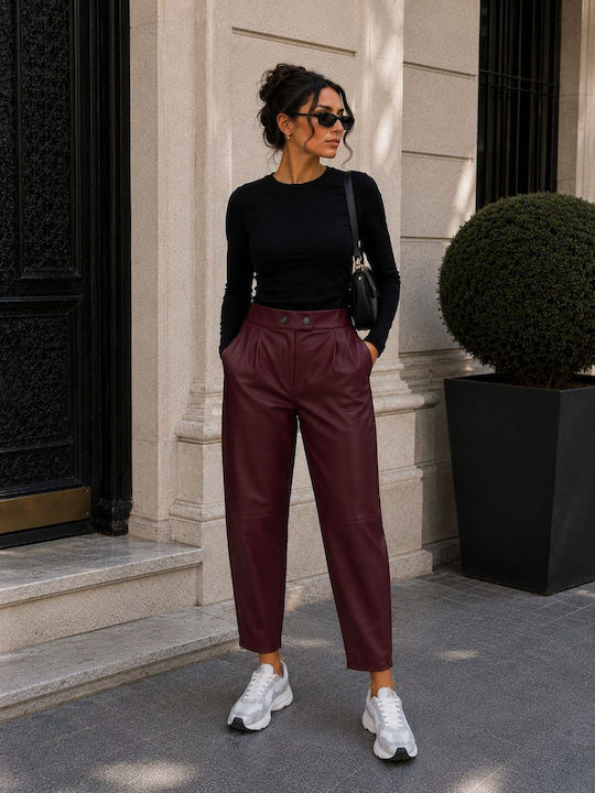 Damen Lederhose mit Gummiband in Schlanke Passform Burgundisch
