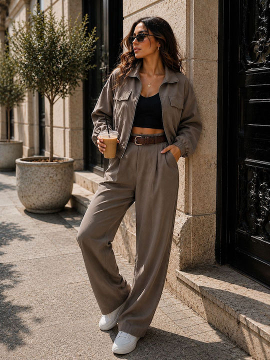 Damen Grau Satz mit Hochbund Hose in Loose Passform