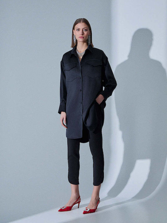 Summer Shirt Dress Satin Black
