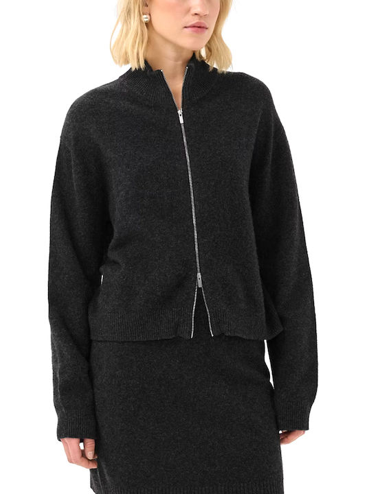 Lange Gestrickte Damen Strickjacke mit Reissverschluss Anthrazit