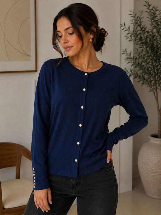 Long Women's Cardigan with Buttons Blue