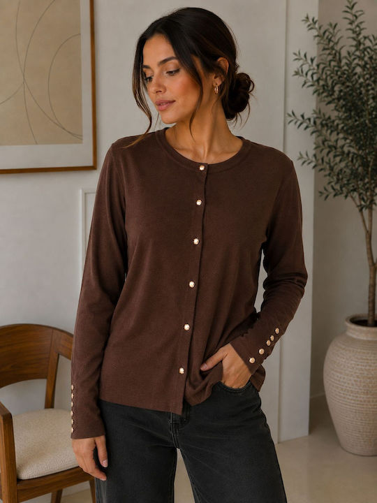 Long Women's Cardigan with Buttons Brown