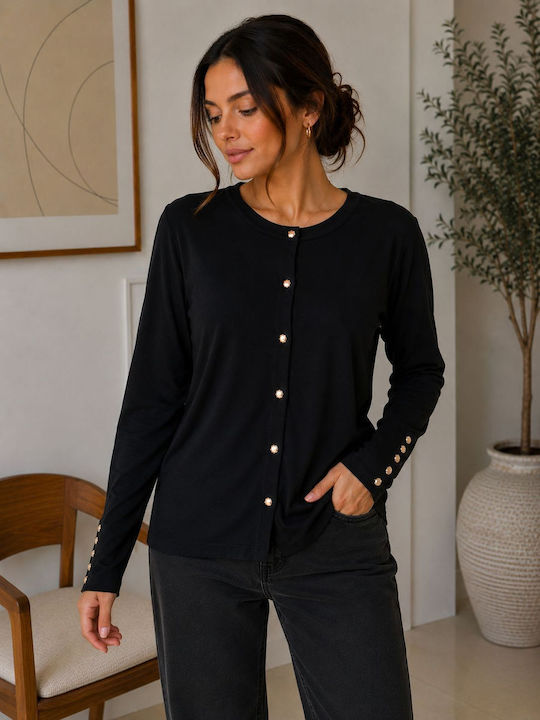 Long Women's Cardigan with Buttons Black