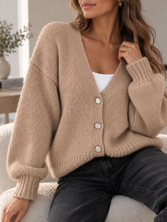 Long Women's Knitted Cardigan with Buttons Beige