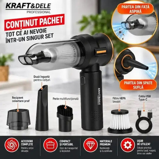 Kraft & Dele Aspirator de Mână și Suflantă Auto 2 în 1 Reîncărcabil 12V 100W
