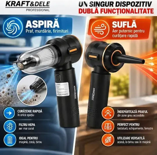 Kraft & Dele Aspirator de Mână și Suflantă Auto 2 în 1 Reîncărcabil 12V 100W