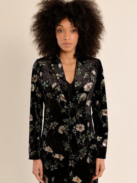 Molly Bracken Long Women's Velvet Blazer Black Printed