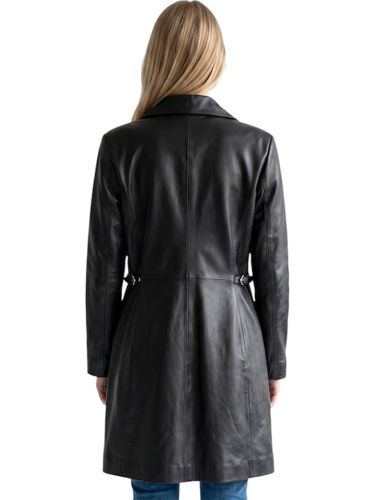 Leather Women's Black Coat with Buttons
