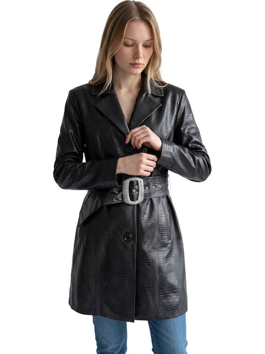 Leder Damenmäntel Schwarz mit Knöpfen